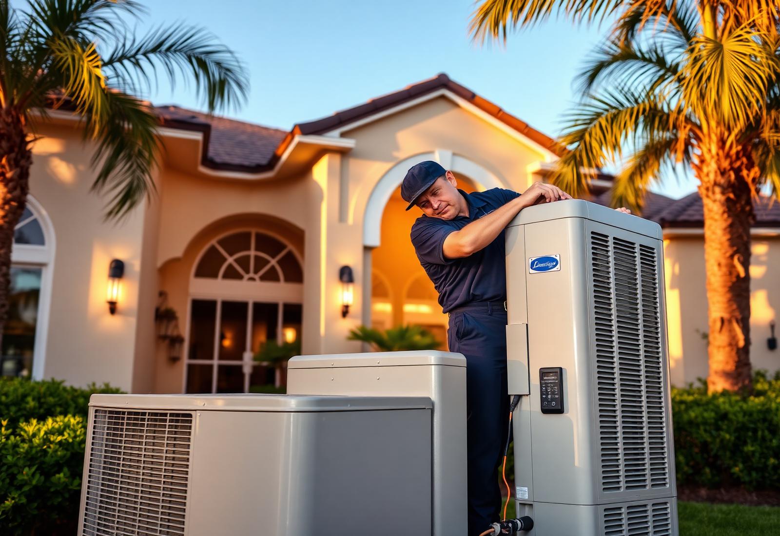 HVAC technician servicing an outdoor AC condenser unit at a Central Florida home